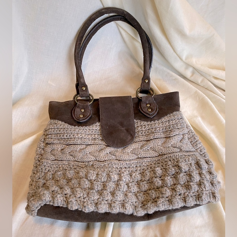 CBOCS Faux Brown Suede & Crocheted Shoulder Bag